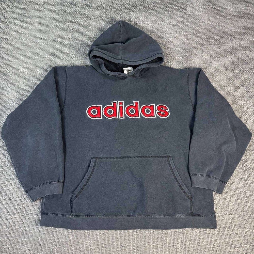 Adidas vintage Spellout Hoodie Mens Large Black Red Faded made in Canada